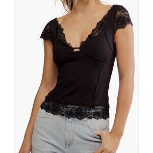 Free People Better Not Cami Top Black Lace Cap Sleeve